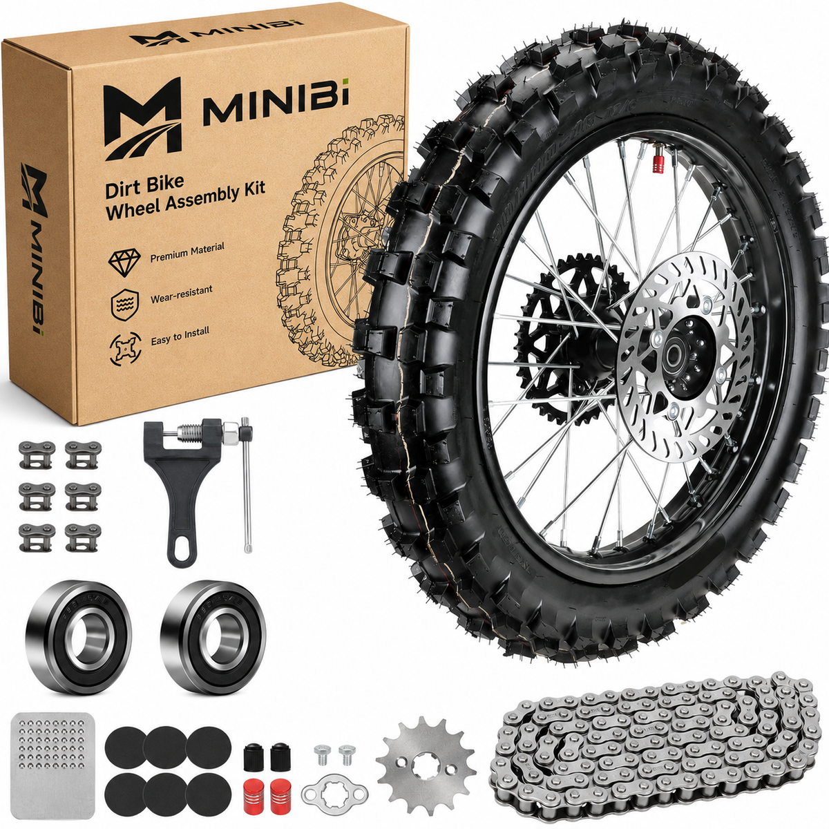 MINIBI Pro Dirt Bike Complete Rear Wheel Assembly & Drive Chain Upgrade Kit